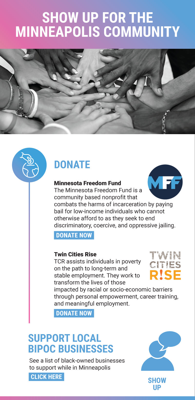 Show up for the Minneapolis Community - Donate to the Minnesota Freedom Fund or Twin Cities Rise, and support local black-owned businesses.